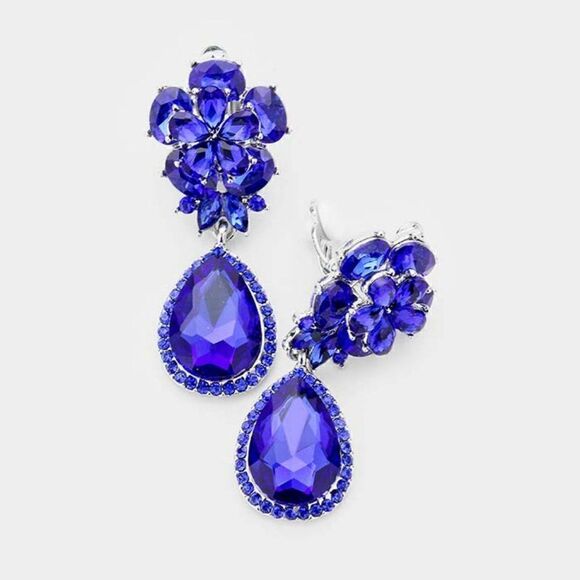 Flower Blue Crystal Teardrop Dangle Clip on Earrings NWT - Picture 1 of 6